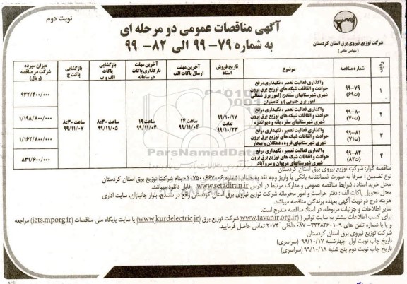 مناقصات، مناقصات واگذاری فعالیت تعمیر نگهداری رفع حوادث  - نوبت دوم