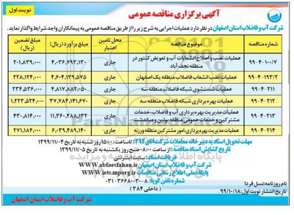 مناقصه عمومی, مناقصه عملیات نصب و اصلاح انشعابات آب و تعویض کنتور... 