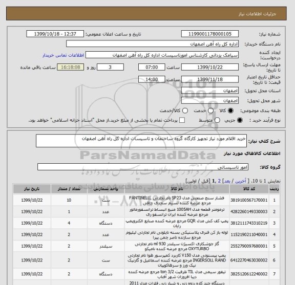 استعلام خرید اقلام مورد نیاز تجهیز کارگاه گروه ساختمان و تاسیسات اداره کل راه آهن اصفهان