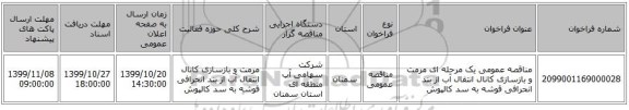 مناقصه عمومی یک مرحله ای مرمت و بازسازی کانال انتقال آب از بند انحرافی قوشه به سد کالپوش