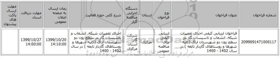 فراخوان ارزیابی کیفی   اجرای تعمیرات شبکه، انشعاب و تاسیسات گاز در سطح زون دو شهرستان اراک (کلیه شهرها و روستاهای گازدار تابعه ) در سال  1402 - 1400 