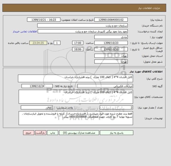 استعلام کابل افشان 4*4 ( کلاف 100 متری  ) برند افشارنژاد خراسان