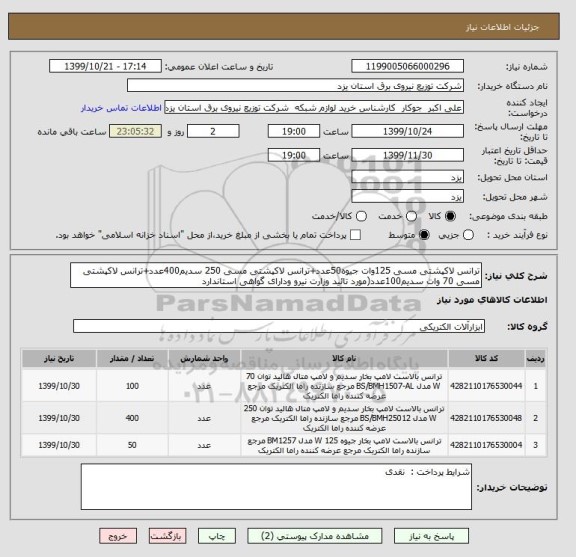 استعلام ترانس لاکپشتی مسی 125وات جیوه50عدد+ترانس لاکپشتی مسی 250 سدیم400عدد+ترانس لاکپشتی مسی 70 وات سدیم100عدد(مورد تائید وزارت نیرو ودارای گواهی استاندارد