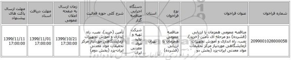 مناقصه عمومی همزمان با ارزیابی (فشرده) دو مرحله ای تأمین (خرید)، نصب، راه اندازی و آموزش تجهیزات آزمایشگاهی موردنیاز مرکز تحقیقات مواد معدنی ایران-یزد (بخش دو