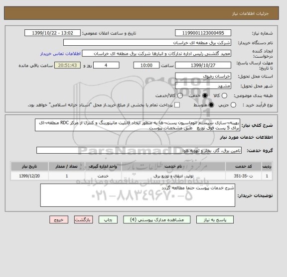 استعلام بهینه¬سازی سیستم اتوماسیون پست¬ها به منظور ایجاد قابلیت مانیتورینگ و کنترل از مرکز RDC منطقه¬ای برای 5 پست فوق توزیع   طبق مشخصات پیوست