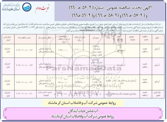 مناقصه پروژه های آبرسانی تجدید نوبت دوم 