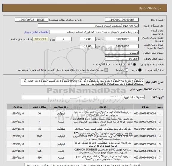 استعلام 30کیلوگرم بذر رازیانه4کیلوگرم بذرکاسنی16کیلوگرم گل گاوزیان1060کیلوگرم بذرگشنیز4کیلوگرم بذر ختمی گل سفید506کیلوگرم بذر سیاهدانه534کیلوگرم بذر زیره سبز