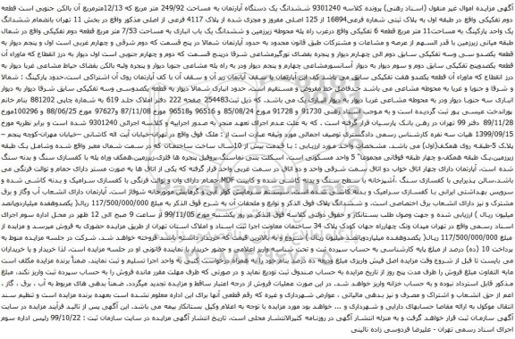 آگهی مزایده ششدانگ یک دستگاه آپارتمان به مساحت 249/92 متر مربع که 12/13مترمربع