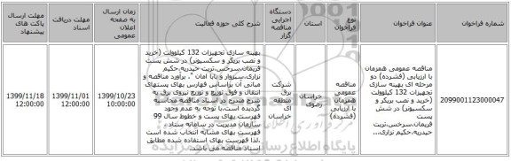 مناقصه عمومی همزمان با ارزیابی (فشرده) دو مرحله ای بهینه سازی تجهیزات 132 کیلوولت (خرید و نصب بریکر و سکسیونر) در شش پست فریمان،سرخس،تربت حیدریه،حکیم نزاری،..