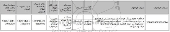 مناقصه عمومی یک مرحله ای تهیه بخشی از مصالح و اجراء پروژه های تبدیل شبکه سیم مسی به کابل خودنگهدار در حوزه فعالیت مدیریتهای توزیع برق میاندوآب-بوکان 