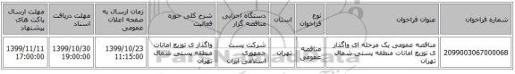 مناقصه عمومی یک مرحله ای واگذار ی توزیع امانات منطقه پستی شمال تهران