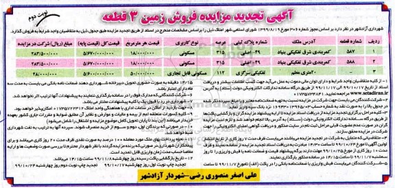 مزایده،مزایده تجدید فروش زمین 3 قطعه مسکونی و تجاری نوبت دوم 