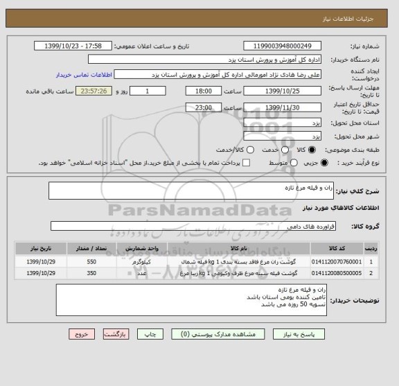 استعلام ران و فیله مرغ تازه