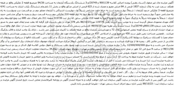 آگهی مزایده ششدانگ یکدستگاه آپارتمان به مساحت 94/26 مترمربع