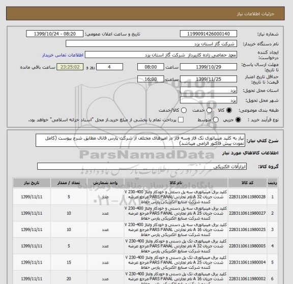 استعلام نیاز به کلید مینیاتوری تک فاز وسه فاز در امپرهای مختلف از شرکت پارس فانال مطابق شرح پیوست (کامل نمودن پیش فاکتور الزامی میباشد)