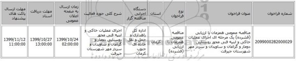 مناقصه عمومی همزمان با ارزیابی (فشرده) یک مرحله ای اجرای عملیات خاکی و ابنیه فنی محور روستایی دومار و گراغان و ساویدان و سردر مهر شهرستان جیرفت