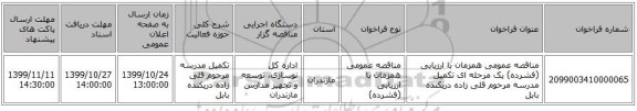 مناقصه عمومی همزمان با ارزیابی (فشرده) یک مرحله ای تکمیل مدرسه مرحوم قلی زاده دریکنده بابل