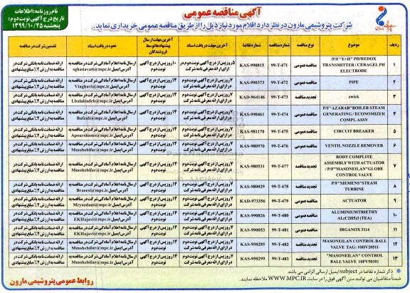 مناقصه، مناقصه P/F E+H PH/REDOX TRANSMITTER /CERAGEL PH ELECTRODE و ....  - نوبت دوم