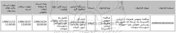 مناقصه عمومی همزمان با ارزیابی (فشرده) یک مرحله ای تکمیل راه روستایی چغوکی علیا –مهرآباد شهرستان منوجان