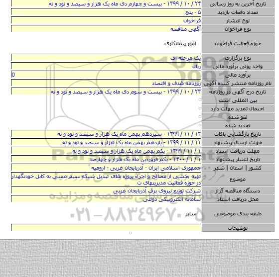 تهیه بخشی از مصالح و اجراء پروژه های تبدیل شبکه سیم مسی به کابل خودنگهدار در حوزه فعالیت مدیریتهای ت