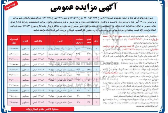 مزایده فروش یازده قطعه زمین مازاد با کاربری مسکونی نوبت دوم 