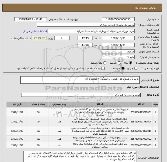 استعلام خرید 70 عدد تابلو راهنمایی رانندگی و متعلقات آن