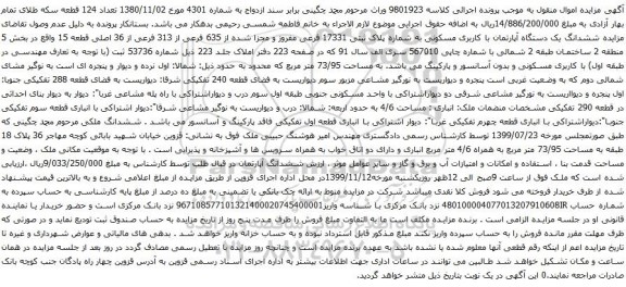 آگهی مزایده ششدانگ یک دستگاه آپارتمان با کاربری مسکونی به شماره پلاک ثبتی 17331 فرعی