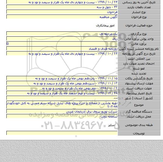 تهیه بخشی از مصالح و اجراء پروژه های تبدیل شبکه سیم مسی به کابل خودنگهدار ۹۹-۲۰۳