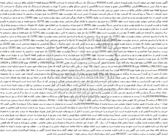 آگهی مزایده آگهی مزایده  ششدانگ یک دستگاه اپارتمان به مساحت 60/36 مترمربع قطعه 4 تفکیکی