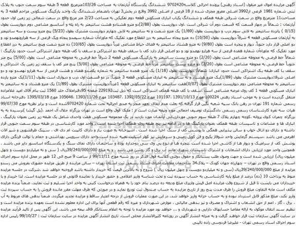 آگهی مزایده ششدانگ یکدستگاه آپارتمان به مساحت 103/26مترمربع 