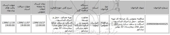 مناقصه عمومی یک مرحله ای تهیه مصالح ، حمل و اجرای فنداسیون ، اسکلت و سقف سازه بتنی اتاق عمل های بیمارستان 22 بهمن نیشابور