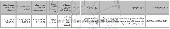 مناقصه عمومی همزمان با ارزیابی (فشرده) یک مرحله ای تهیه و نصب مبلمان شهری واقع در شهر جدید هشتگرد