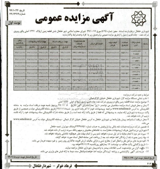 مزایده, مزایده واگذاری شش قطعه زمین از پلاک 1337 اصلی نوبت اول 