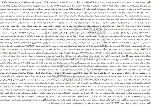 آگهی مزایده شش دانگ یک دستگاه آپارتمان به مساحت 111/19 مترمربع که مقدار2/68 متر مربع