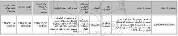 مناقصه عمومی یک مرحله ای خرید تجهیزات الکتریکی مجتمع کلاسهای درس (دانشکده علوم تربیتی و روانشناسی) دانشگاه شهید چمران اهواز  در سال 1399 