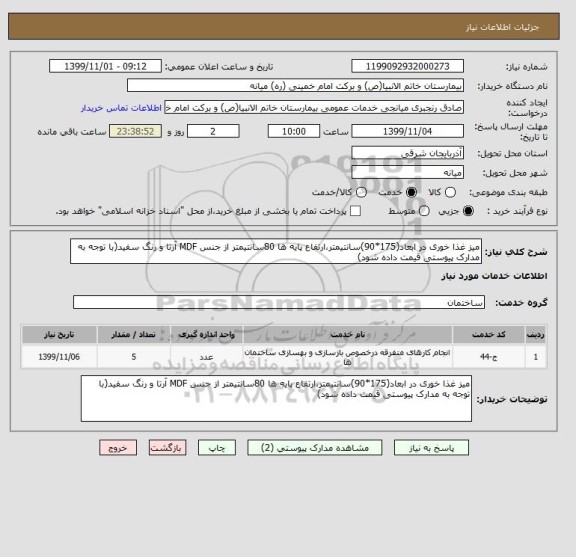 استعلام میز غذا خوری در ابعاد(175*90)سانتیمتر،ارتفاع پایه ها 80سانتیمتر از جنس MDF آرتا و رنگ سفید(با توجه به مدارک پیوستی قیمت داده شود)