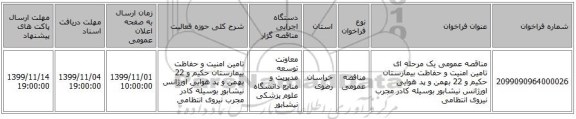 مناقصه عمومی یک مرحله ای تامین امنیت و حفاظت بیمارستان حکیم و 22 بهمن و پد هوایی اورژانس نیشابور بوسیله کادر مجرب نیروی انتظامی