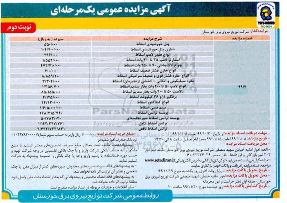 مزایده عمومی, مزایده پنل خورشیدی اسقاط و ...  نوبت دوم