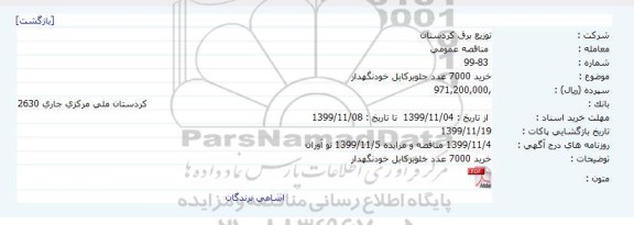 مناقصه، مناقصه خرید 7000 عدد جلوبر کابل خودنگهدار 