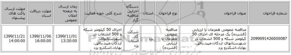 مناقصه عمومی همزمان با ارزیابی (فشرده) یک مرحله ای اجرای 50 کیلومتر شبکه و 500 انشعاب در شهرستانهای اردکان،میبد،بافق، بهاباد،اشکذرو یزد