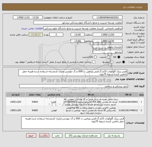 استعلام قرص زینک گلوکونات 15م گ.قرص ویتامین ث 500 م گ جویدنی.ازایران کدمشابه استفاده شده هزینه حمل باتامین کننده تسویه 70روزه 