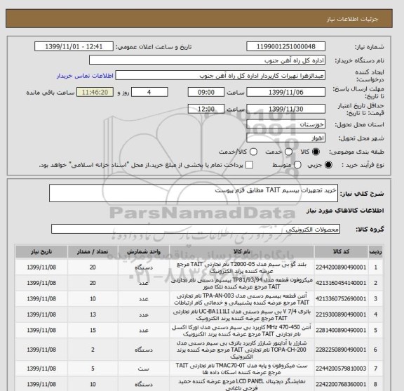 استعلام خرید تجهیزات بیسیم TAIT مطابق فرم پیوست