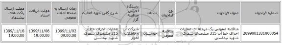 مناقصه عمومی یک مرحله ای عملیات اجرای خط آب 315 میلیمتری شهرک شهید تیماسی