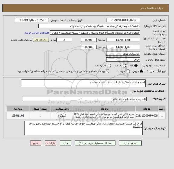 استعلام لوازم چاه ارت مرکز خلیل اباد طبق لیست پیوست