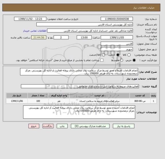 استعلام انجام اقدامات اجتماع محور توسط مرکز سلامت روان محلی دارای پروانه فعالیت از اداره کل بهزیستی ،مرکز درمحدوده شهرستان، به ازای هرنفر 100000 ریال  