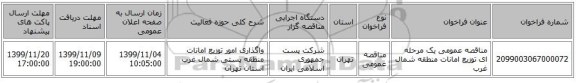 مناقصه عمومی یک مرحله ای توزیع امانات منطقه شمال غرب