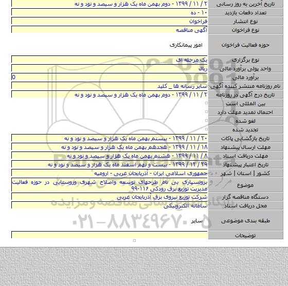 برونسپاری بی نام طرحهای توسعه واصلاح شهری وروستایی در حوزه فعالیت مدیریت توزیع برق رودکی ۱۱۶-۹۹