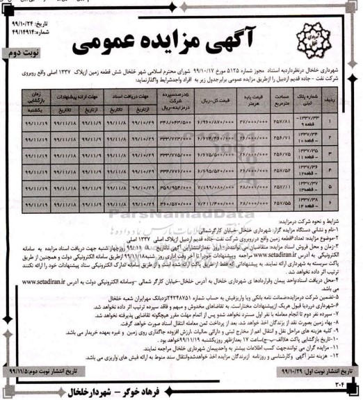 مزایده, مزایده واگذاری شش قطعه زمین از پلاک 1337 اصلی