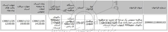 مناقصه عمومی یک مرحله ای تجدید دو مناقصه آچارکشی،جوشکاری ورنگ آمیزی پیچ و مهره دکلهای خطوط400 کیلوولت استان لرستان 