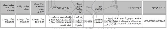 مناقصه عمومی یک مرحله ای راهبری، بهره برداری و نگهداری از تصفیه خانه و تلمبه خانه های فاضلاب شهر بابلسر